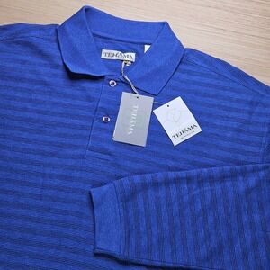 Tehama Polo Shirt Mens L Blue Long Sleeve Textured Stripe NEW